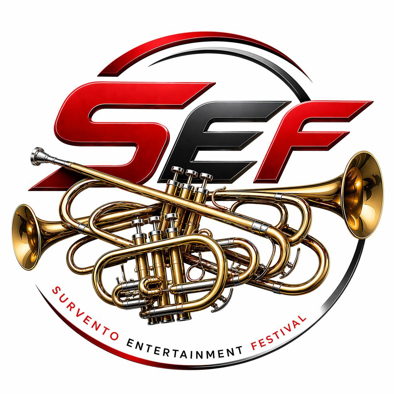 SEF-logo met Franse hoorn en koperinstrumenten, rode en zwarte tekst, Surveto Entertainment Festival