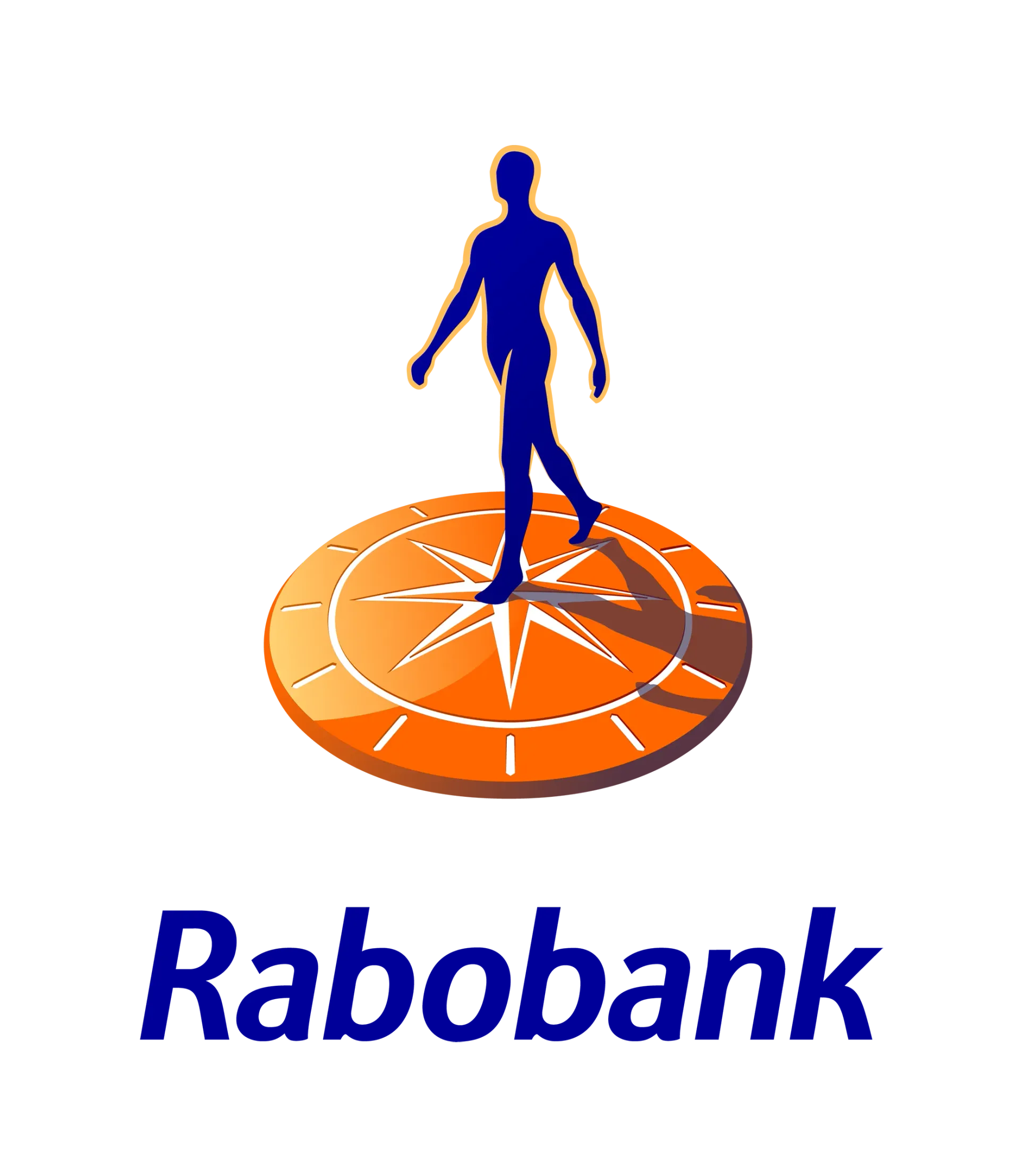 Rabobank-logo met een blauwe figuur die loopt op een oranje, kompasachtige cirkel.