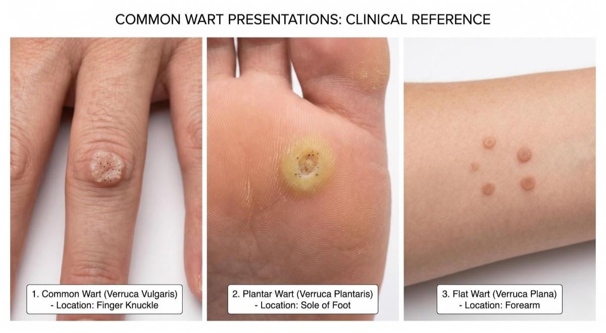 reference image showing three types of wart: a common wart, a plantar wart, and a small flat wart.