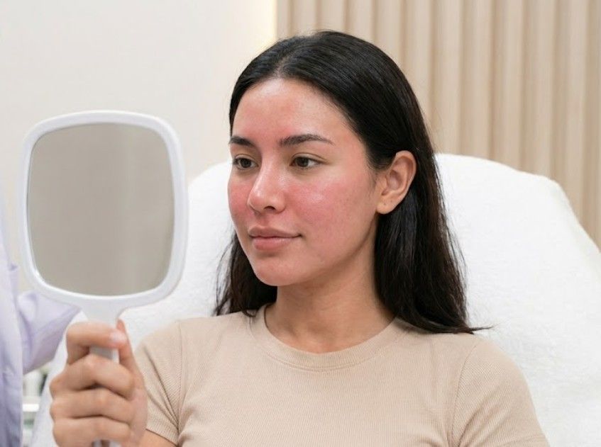 client looking in a mirror shortly after the glycolic acid peel has been removed in Coventry clinic. 