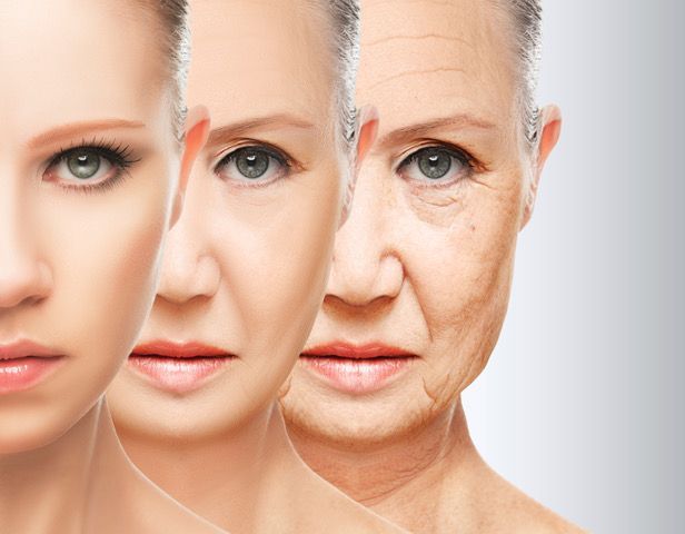 woman shown aging in three phases and the imact it has on her skin