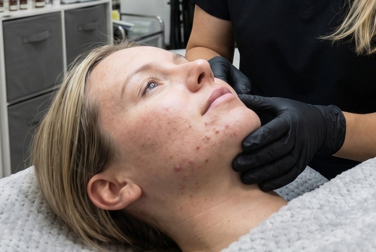 Client at The Skinutrition Clinic having an acne examination & consultation