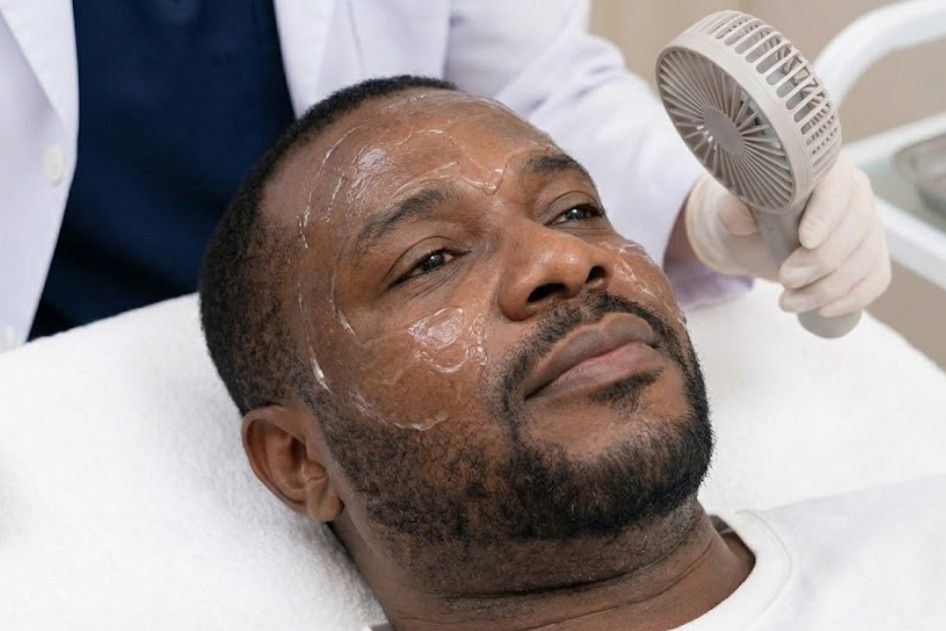 Middle-aged man with the glycolic acid gel on his face. 