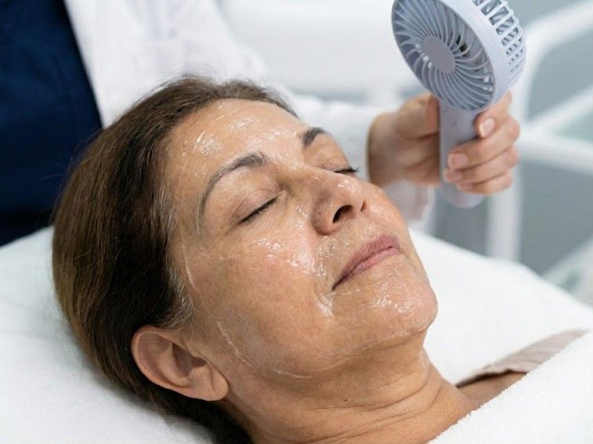 Client having cool air from a small fan blown on her face whilst the salicylic acid is working on the skin.