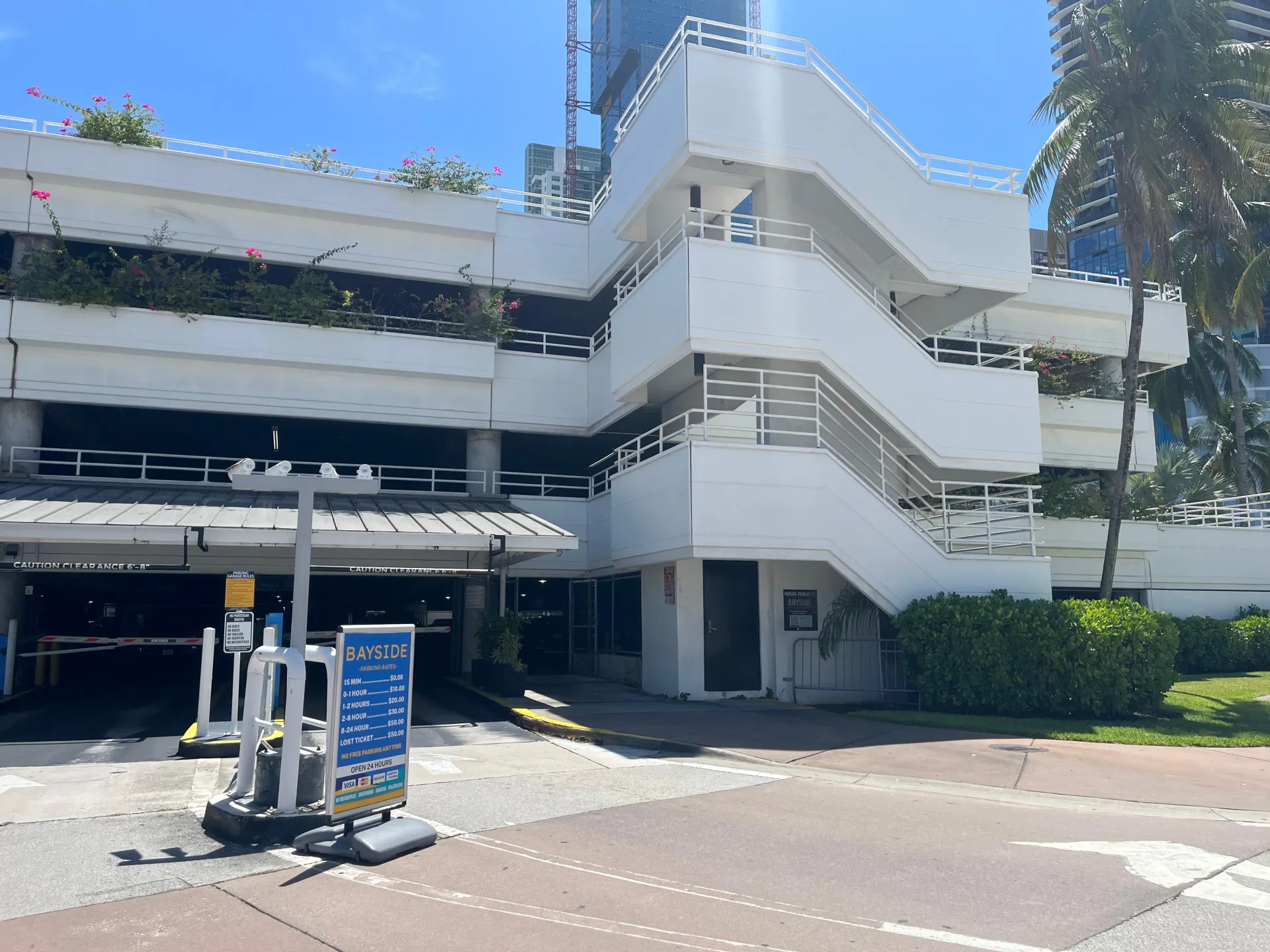 Bayside Marketplace parking garage entrance on NE 5th Street in Miami.