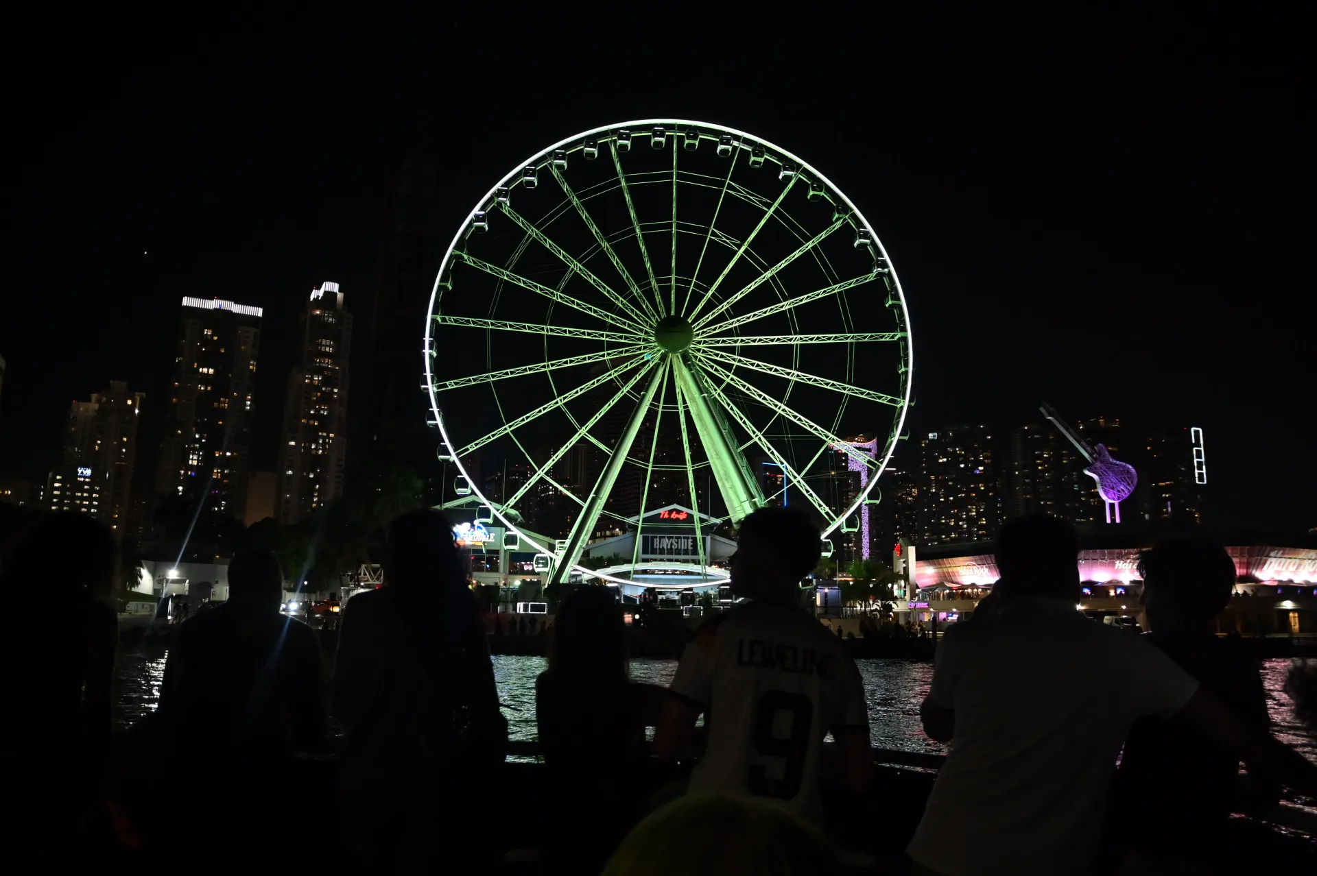 The Bayside Skyviews observation wheel seen during a nighttime sightseeing route along Biscayne Bay in Downtown Miami.