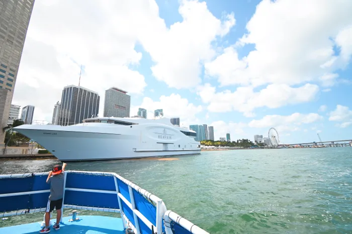 View of Biscayne Bay, the Miami skyline, and luxury waterfront yachts during a Miami Boat Tour in Downtown Miami