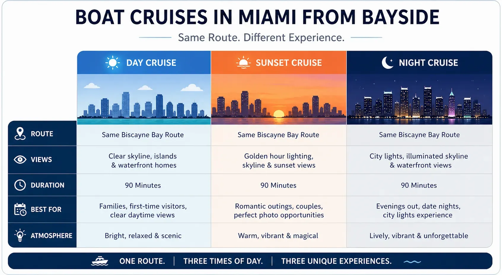 boat cruises in Miami from Bayside comparison day sunset night infographic