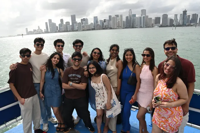group enjoying Miami boat tours with skyline views on Biscayne Bay during sightseeing cruise
