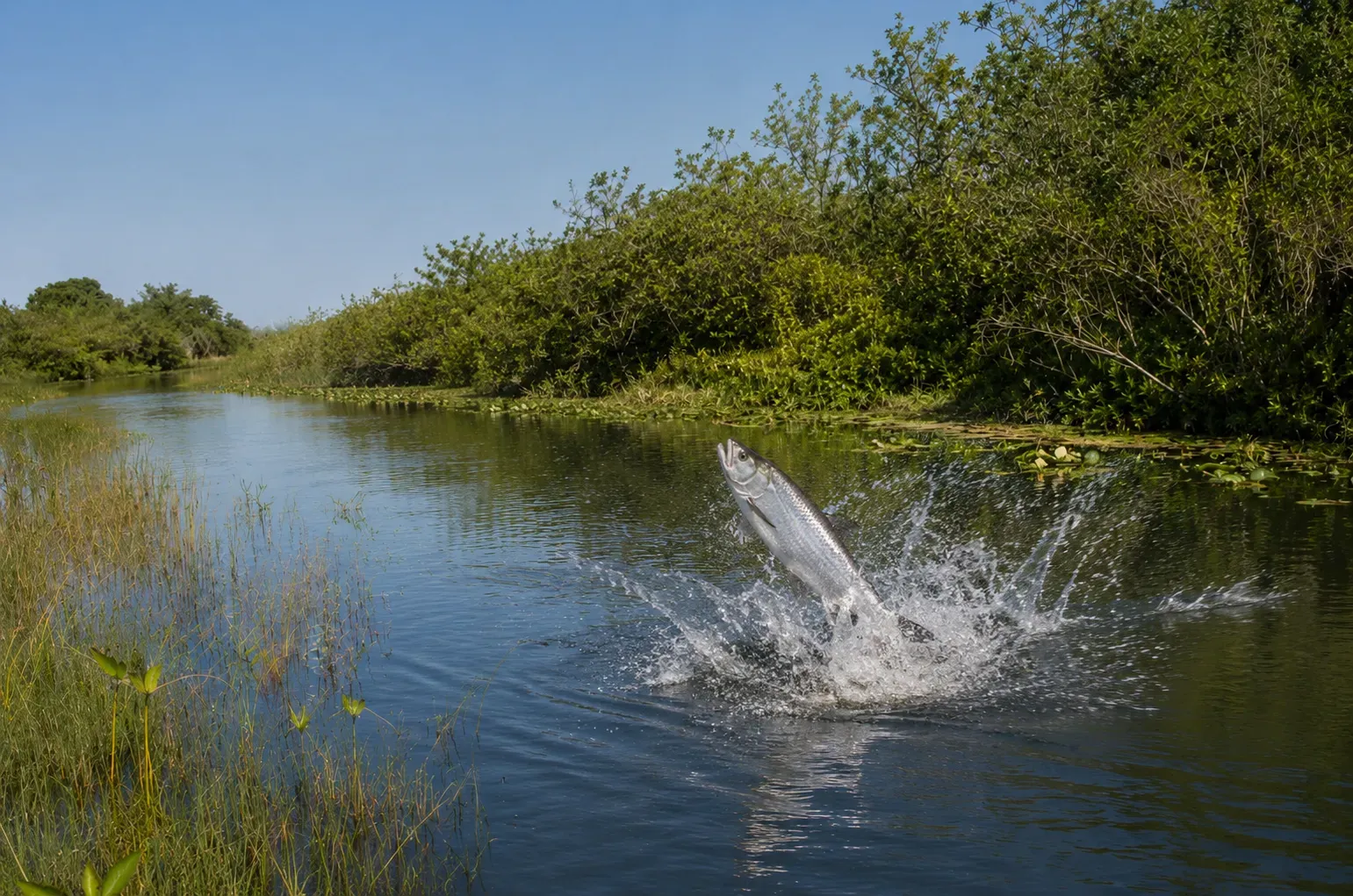 Native Florida tarpon jumping from the water in the Florida Everglades ecosystem