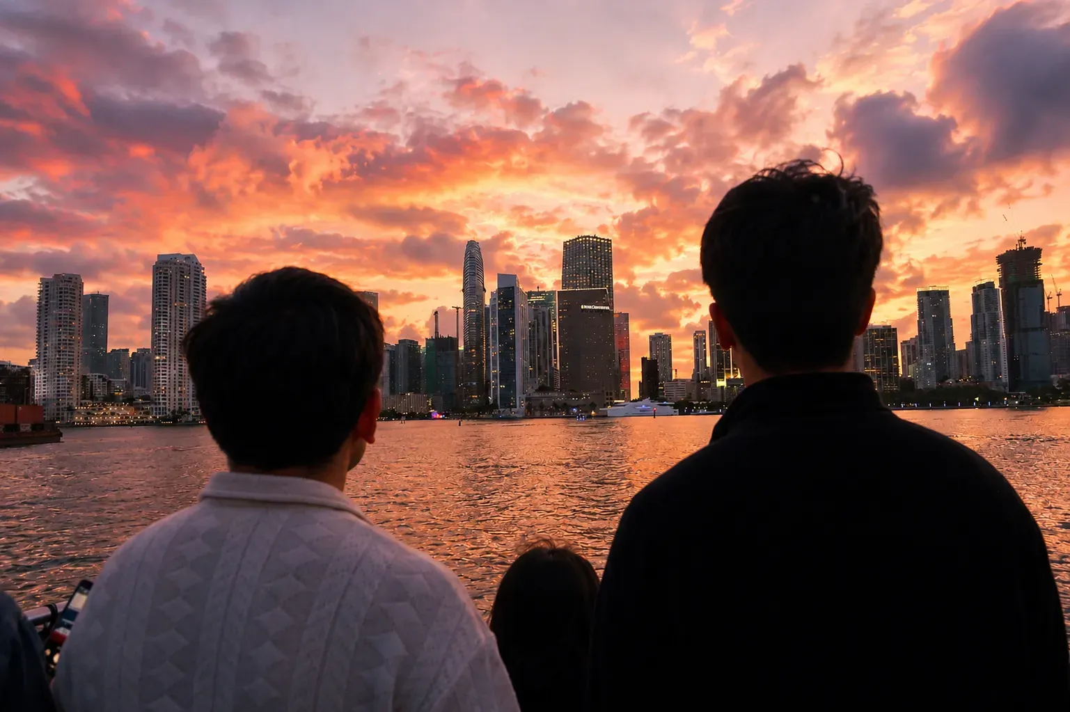 Family-friendly sunset boat rides in Miami with beautiful skyline views and relaxing evening sightseeing on Biscayne Bay.