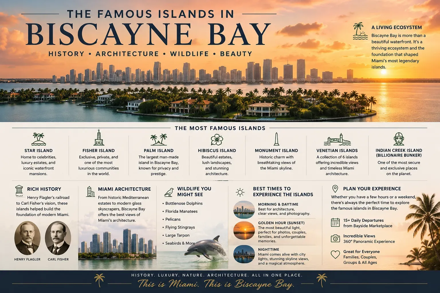 Infographic of the famous islands in Biscayne Bay including Star Island, Fisher Island, Palm Island, Hibiscus Island, Monument Island, Venetian Islands, and Indian Creek Island with Miami skyline views, history, architecture, and wildlife.