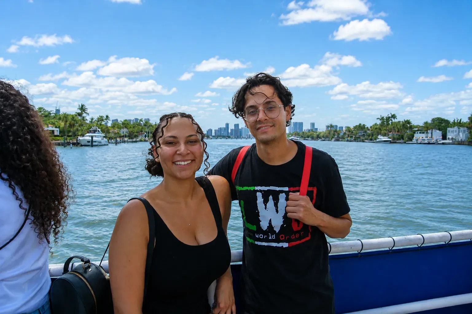 Friends enjoying the Early Bird Special on a Biscayne Bay sightseeing cruise in Miami.