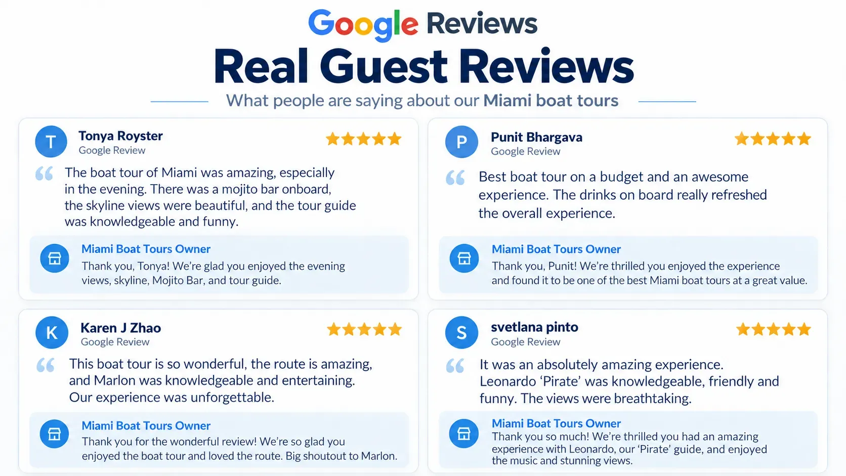 Graphic showing real guest Google reviews and owner responses for Miami sightseeing boat tour experiences on Biscayne Bay.
