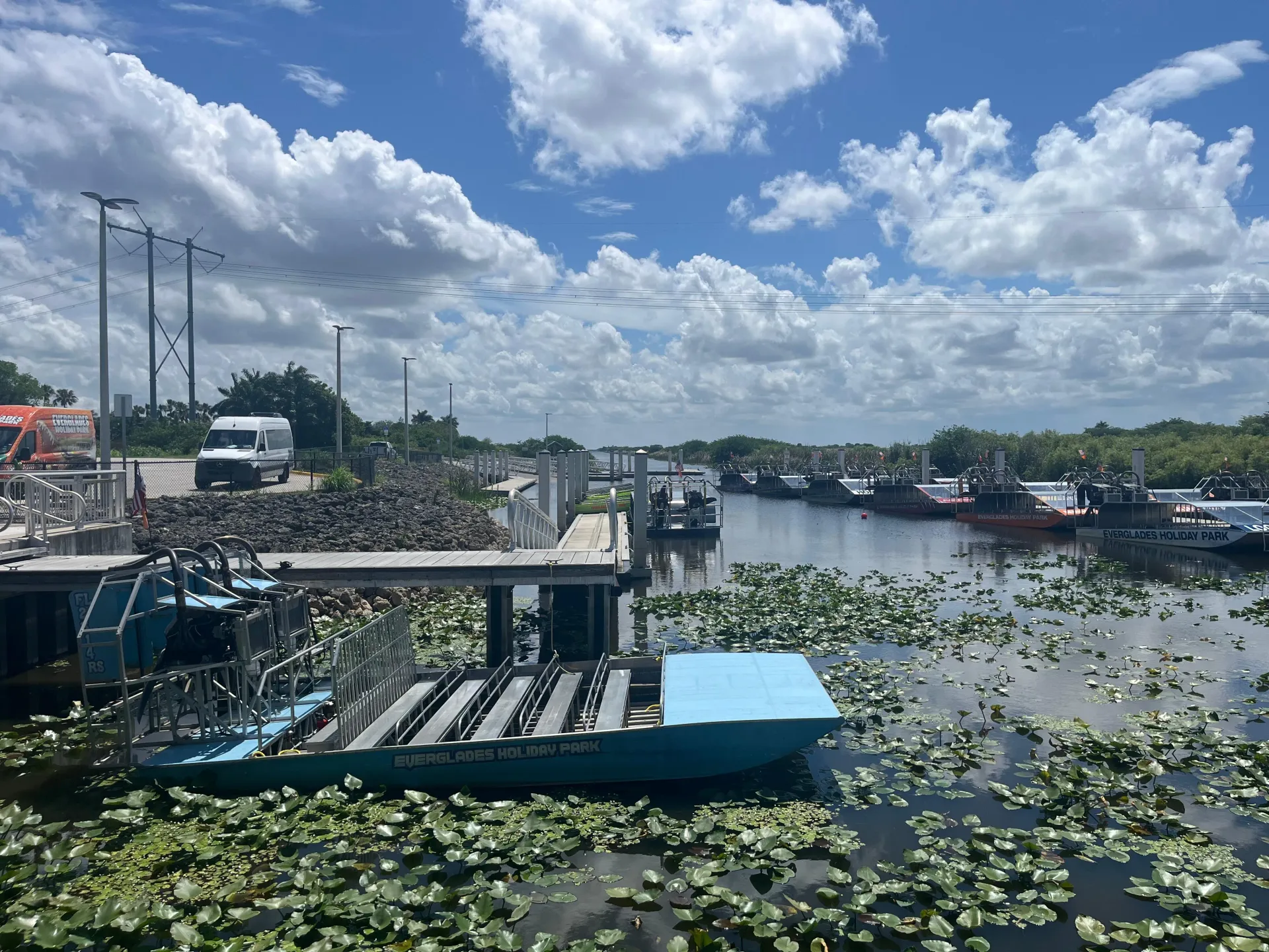 Airboat fleet at Holiday Park in the Florida Everglades preparing for daily wildlife excursions
