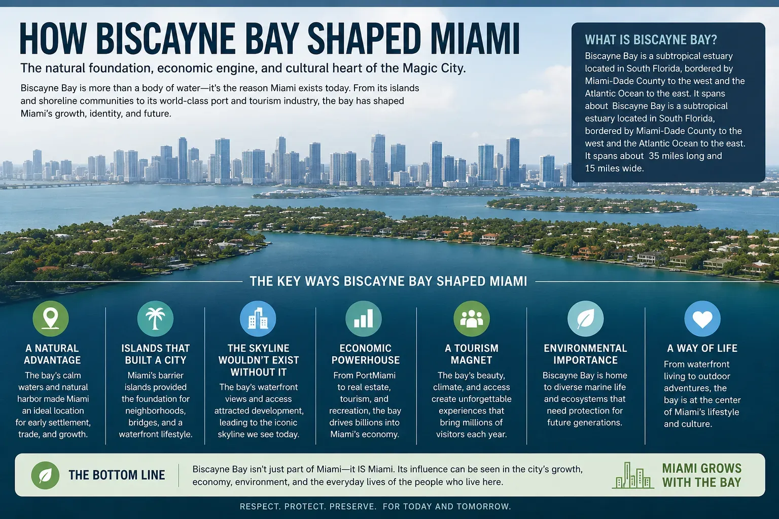 How Biscayne Bay Shaped Miami infographic showing the bay's role in Miami's growth, skyline, islands, tourism, and PortMiami