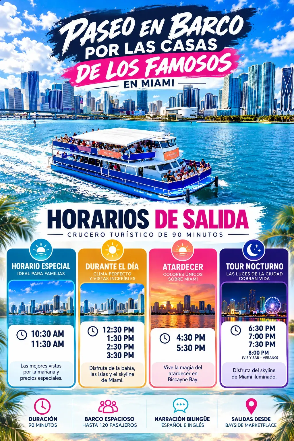 Infografía de horarios del paseo en barco por las casas de los famosos en Miami