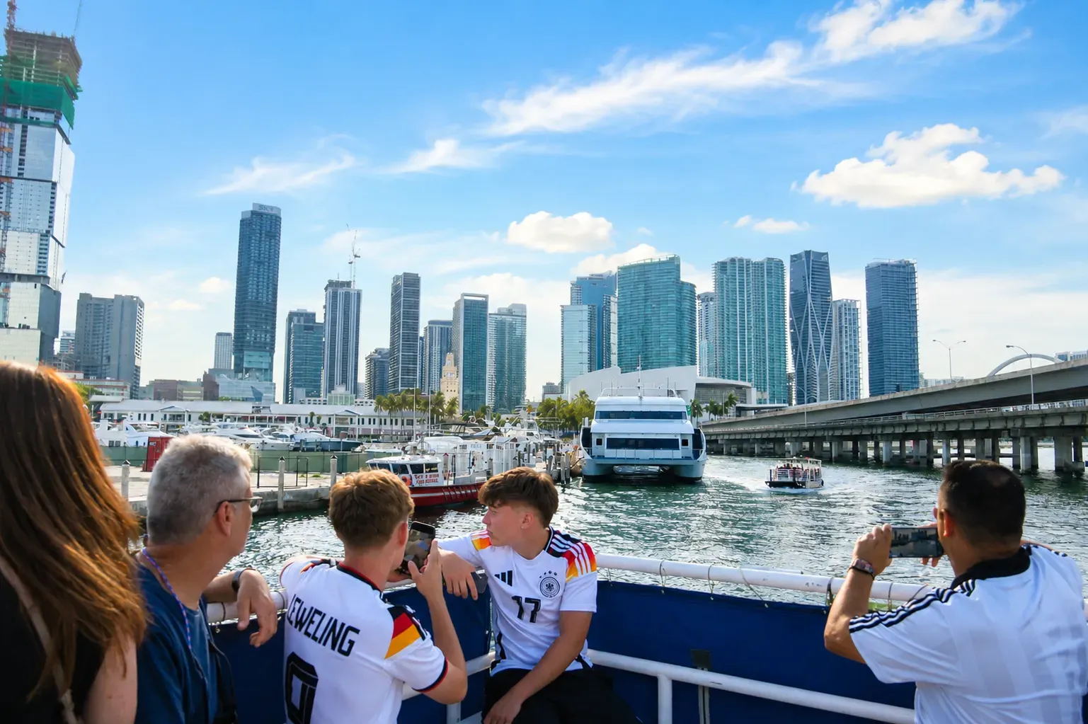 Passengers from around the world enjoying an early bird sightseeing excursion from Bayside Marketplace in Miami.