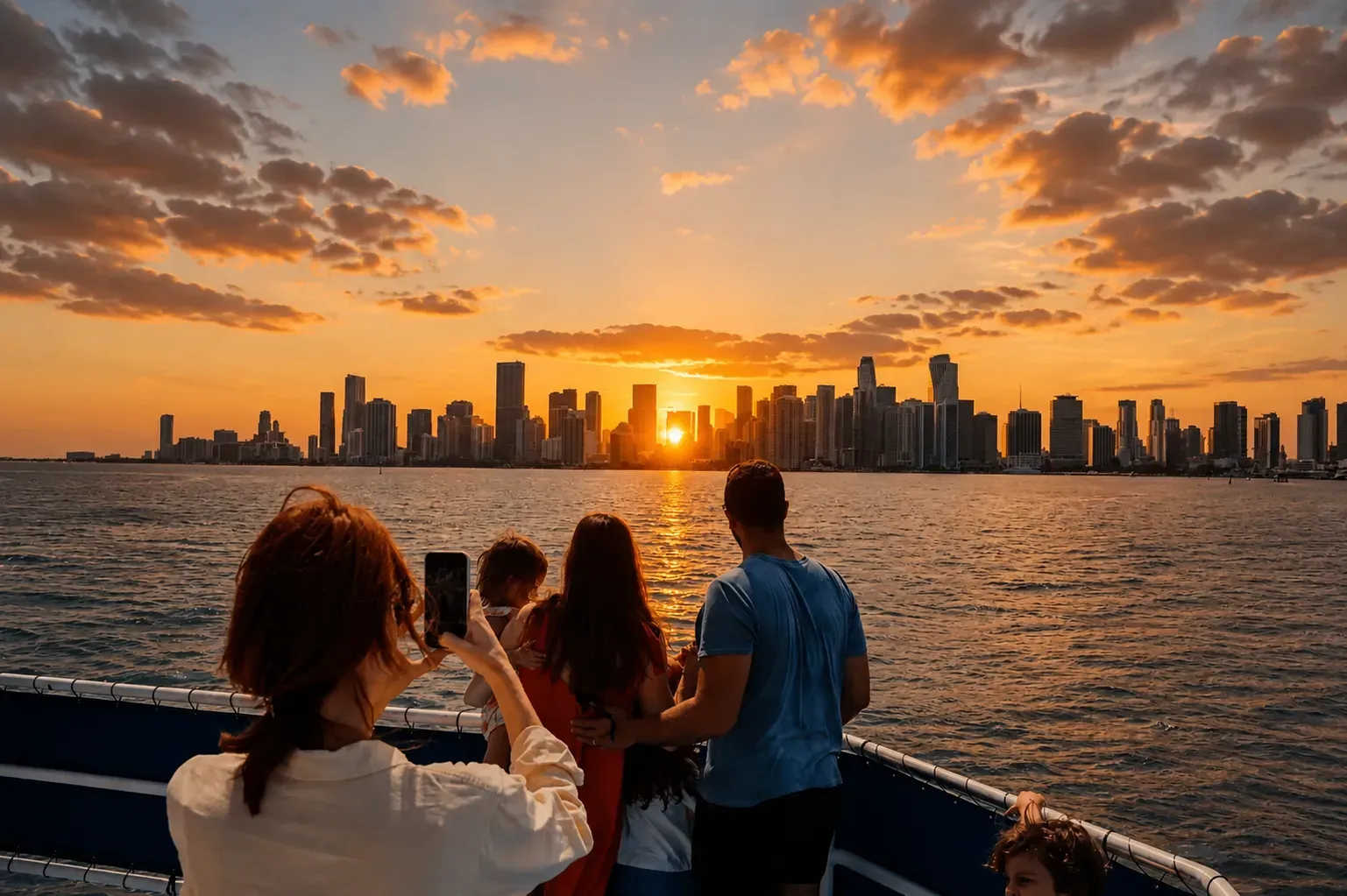 Family-friendly Miami boat cruises during sunset in Miami from Bayside with skyline views and guests enjoying Biscayne Bay.