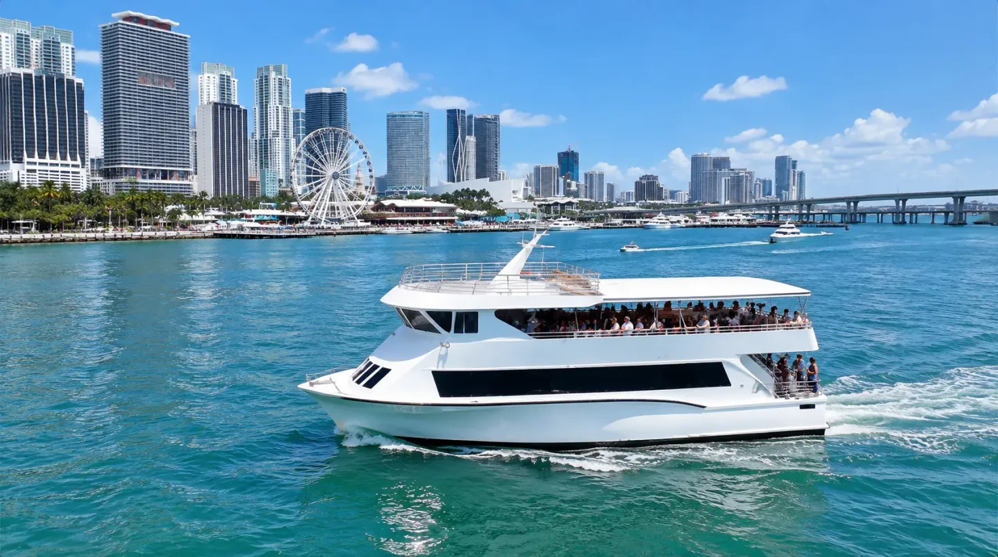 Double-decker sightseeing boat on a Miami boat tour from Bayside Marketplace.