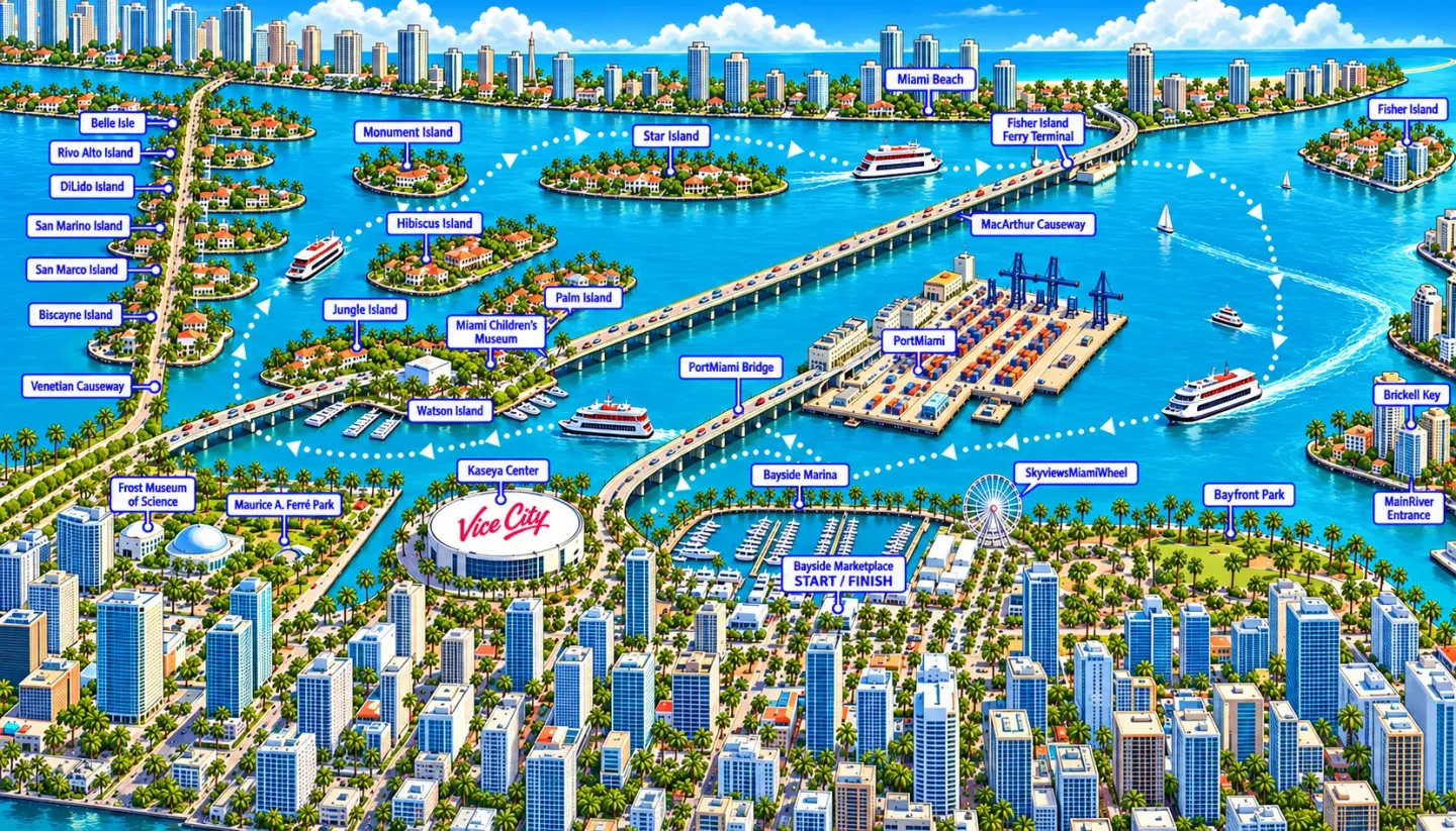Illustrated Miami boat tour route from Bayside Marketplace through Biscayne Bay, featuring Star Island, celebrity mansions, PortMiami, Miami Beach, and the Downtown Miami skyline.