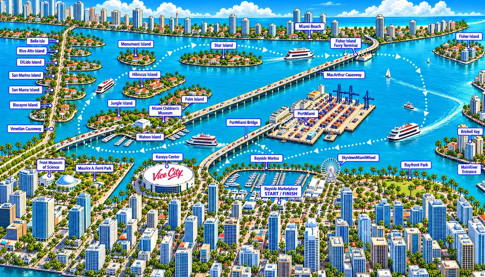 Illustrated Miami boat tour route from Bayside Marketplace through Biscayne Bay, featuring Star Island, celebrity mansions, PortMiami, Miami Beach, and the Downtown Miami skyline.