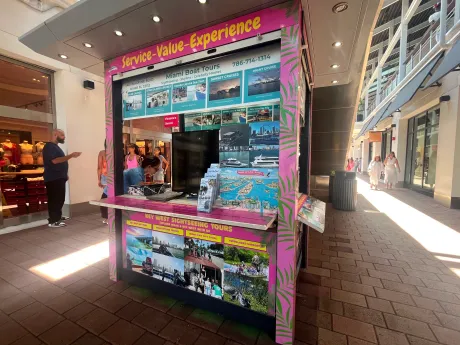Miami Boat Tours kiosk at Bayside Marketplace, 401 Biscayne Blvd in Miami.