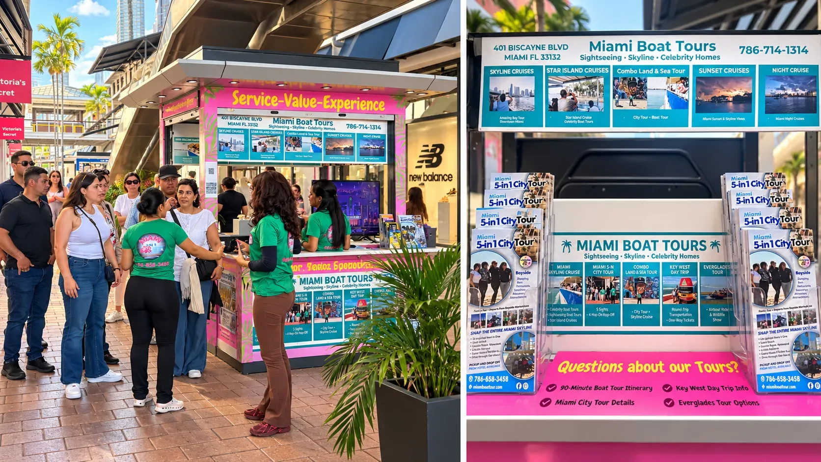 Miami Boat Tours kiosk at Bayside Marketplace, 401 Biscayne Blvd, showing staff assisting sightseeing cruise and Miami 5-in-1 City Tour guests with check-in and reservations.