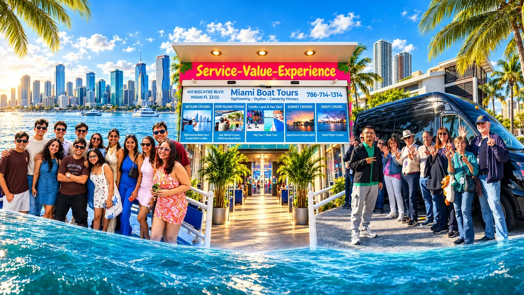 Miami Boat Tour kiosk at 401 Biscayne Blvd, Miami, featuring Miami 5-in-1 City Tour guests and Miami Sightseeing Skyline Cruise passengers in a customer reviews photo collage.