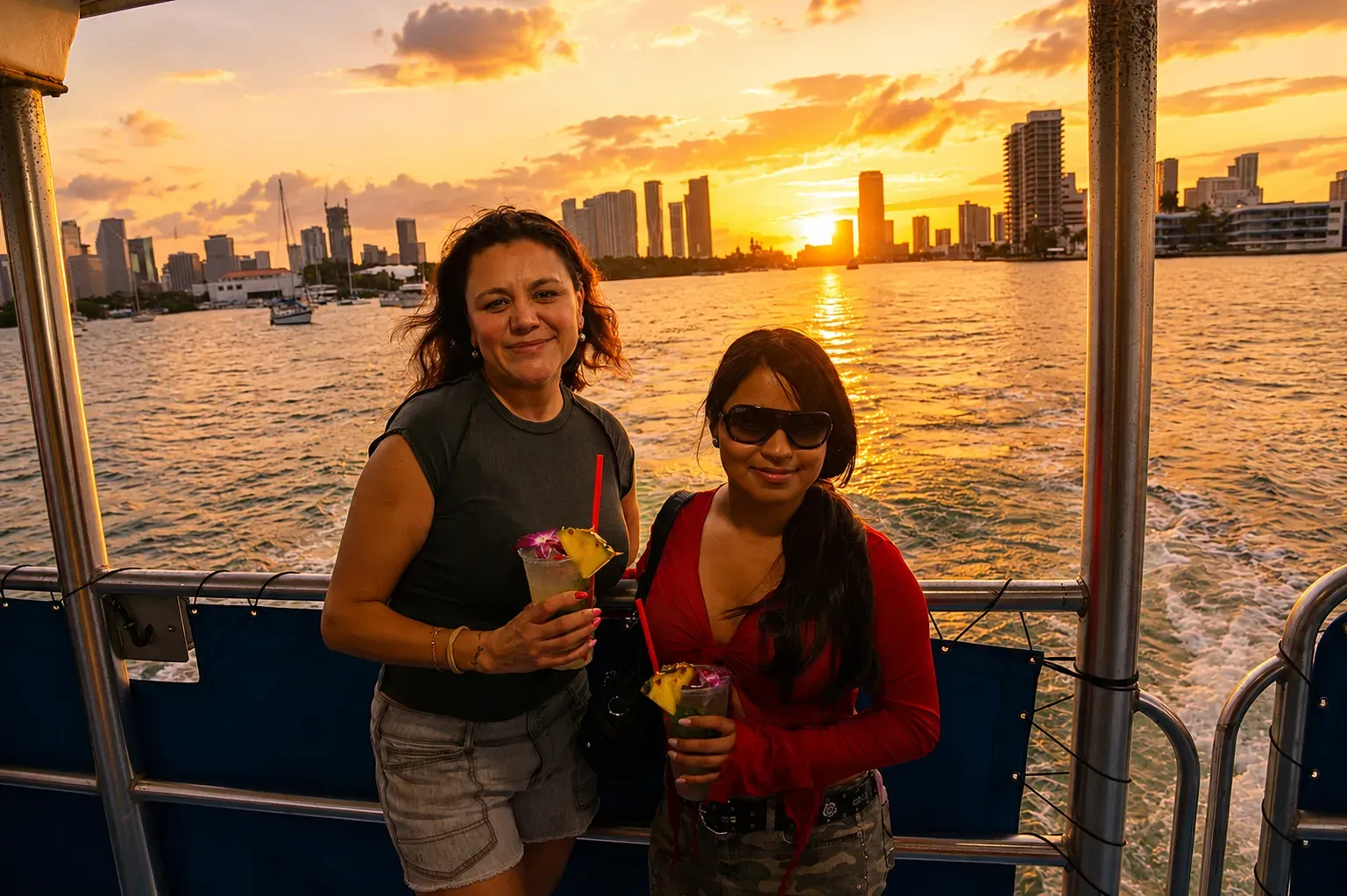 Guests enjoying drinks during sunset on a Miami boat tour with Biscayne Bay skyline views
