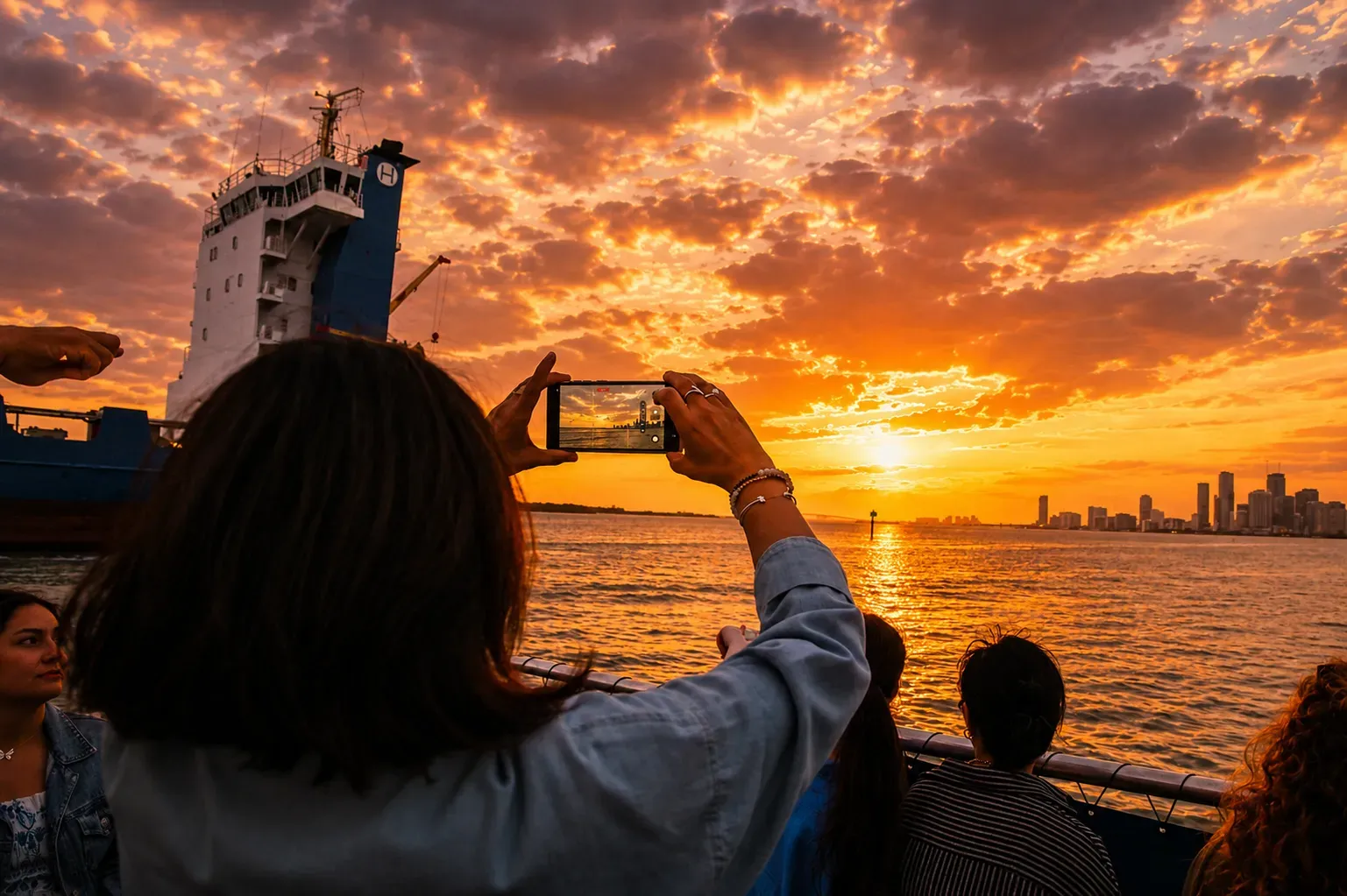 Visitors taking sunset photos during a Miami Golden Hour Cruise with Biscayne Bay and the Miami skyline in the background