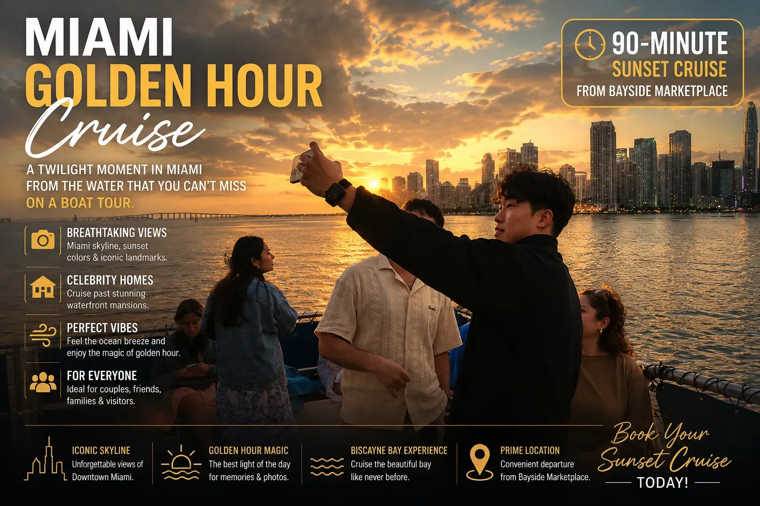 Miami Golden Hour Cruise during sunset with Miami skyline views from Biscayne Bay