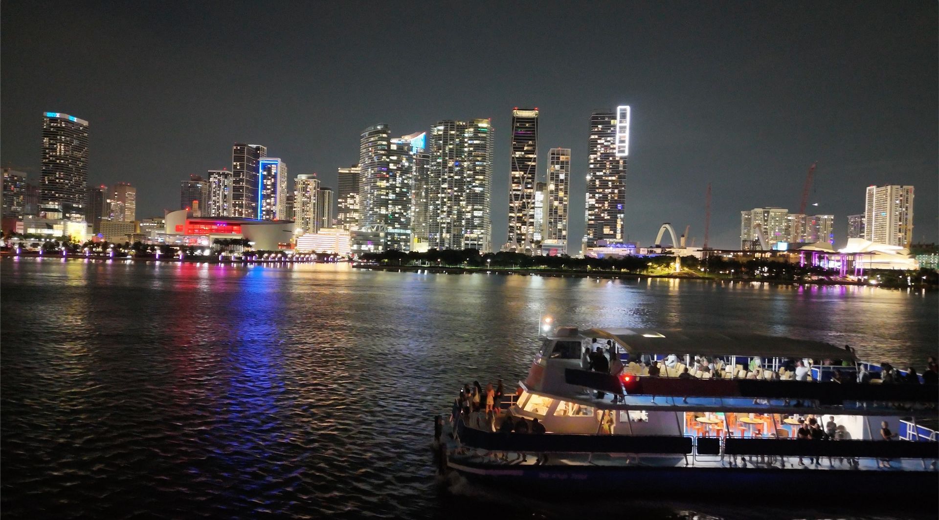 Miami Night Boat Tour with the Miami Skyline in the Background