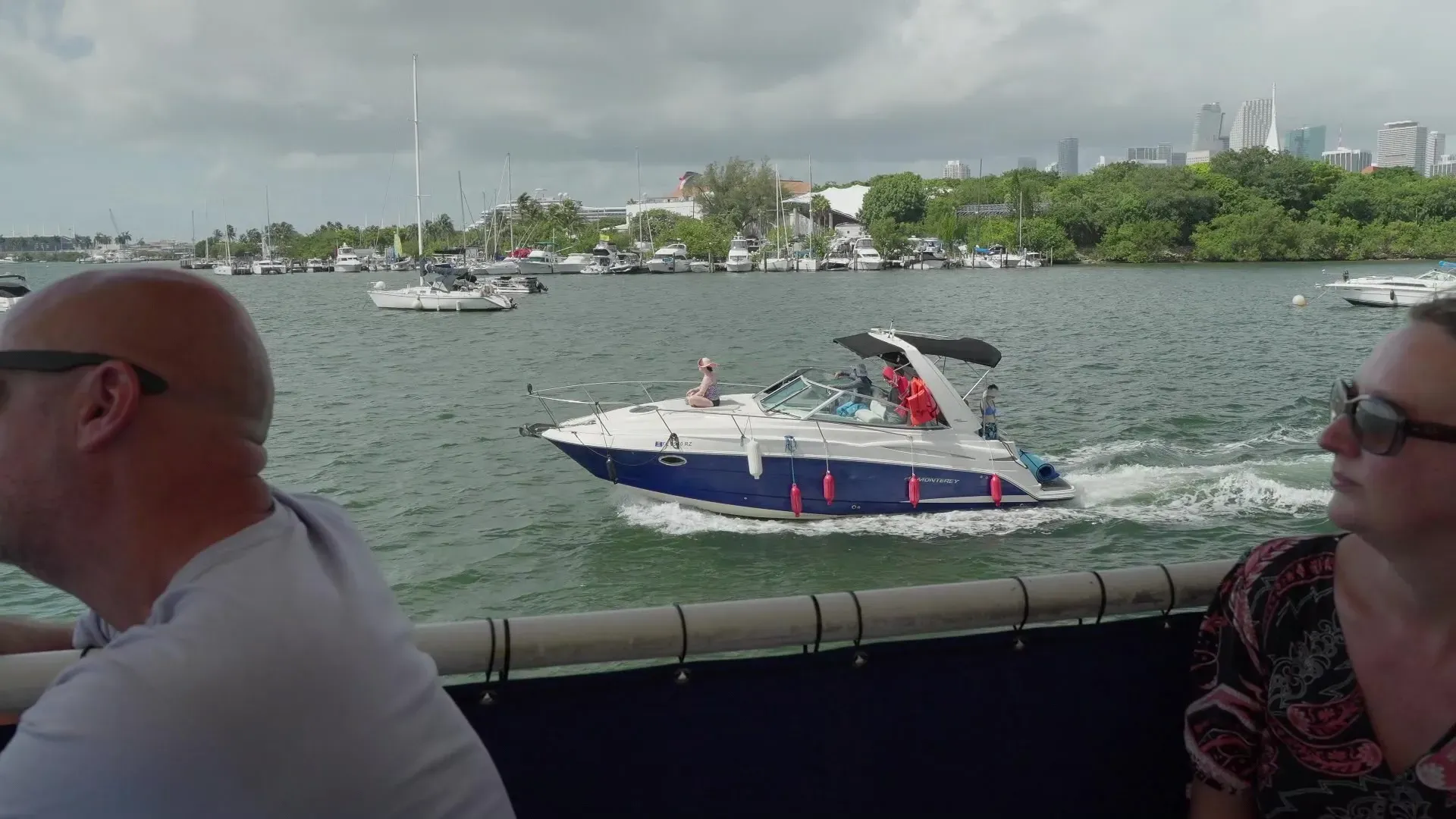 Private recreational boat cruising across Biscayne Bay.