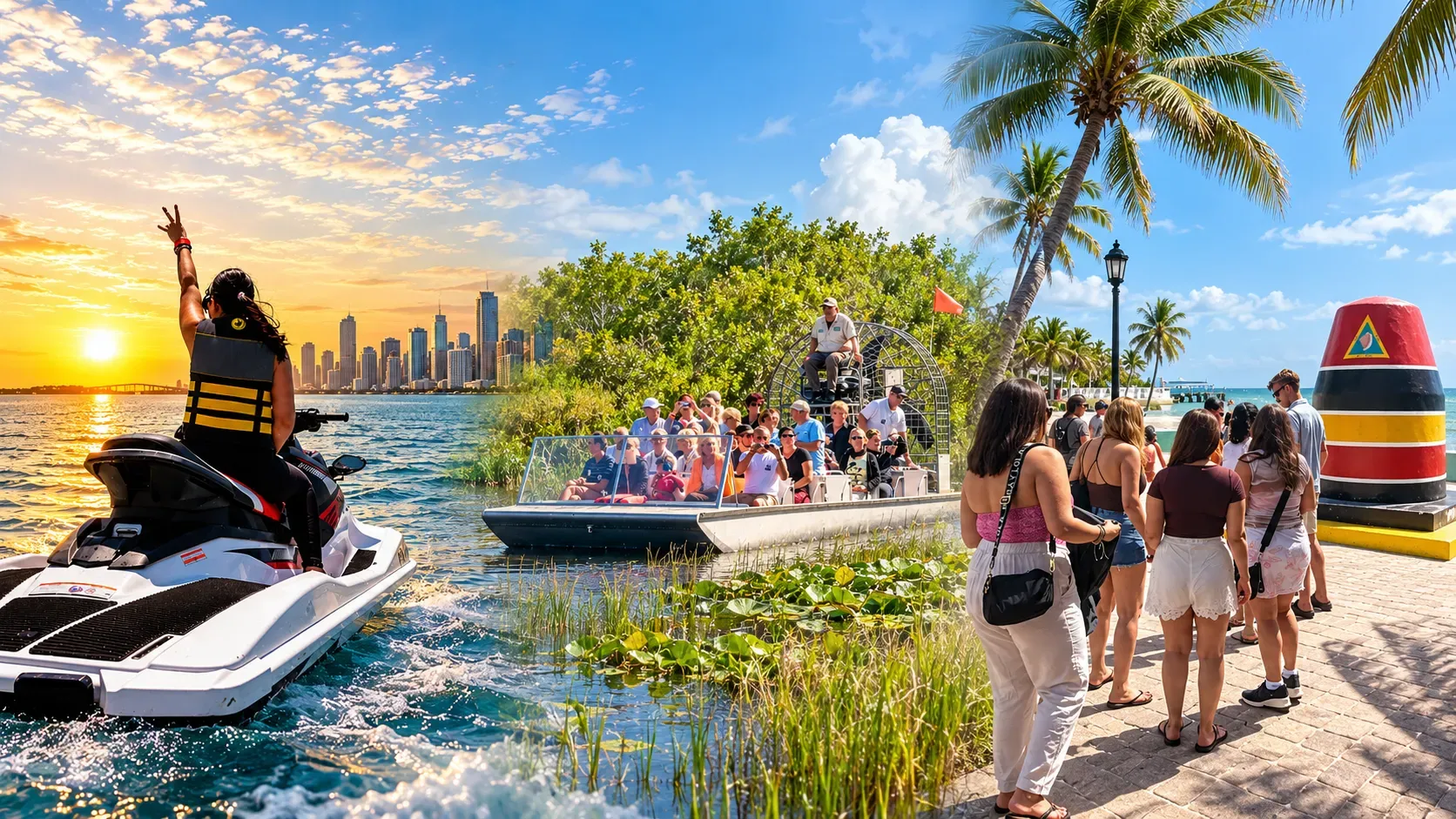 Miami sightseeing reviews collage featuring a sunset jet ski tour on Biscayne Bay, an Everglades airboat adventure with passengers, and visitors at the Key West Southernmost Point.