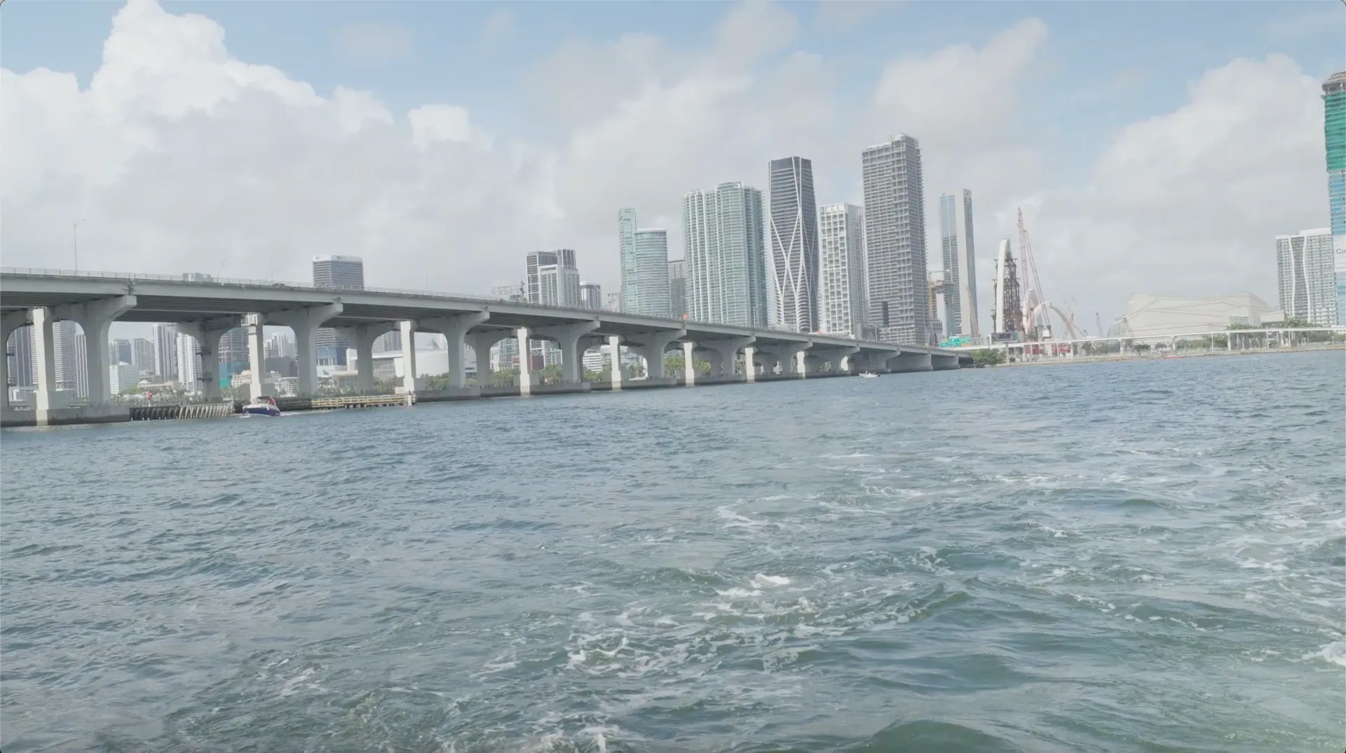 Miami skyline architecture and new development viewed from Biscayne Bay.