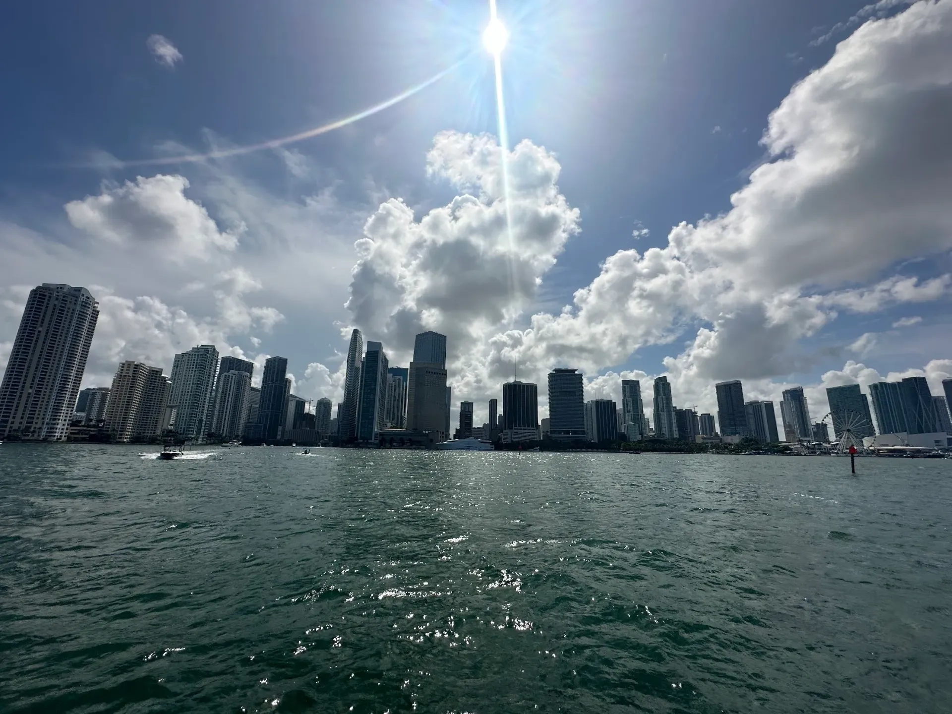 Miami skyline viewed from Biscayne Bay on a sunny day
