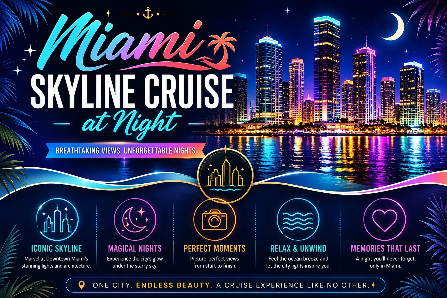 Infographic of a Miami Skyline Cruise at night featuring Downtown Miami skyline views, Biscayne Bay reflections, and nighttime city lights