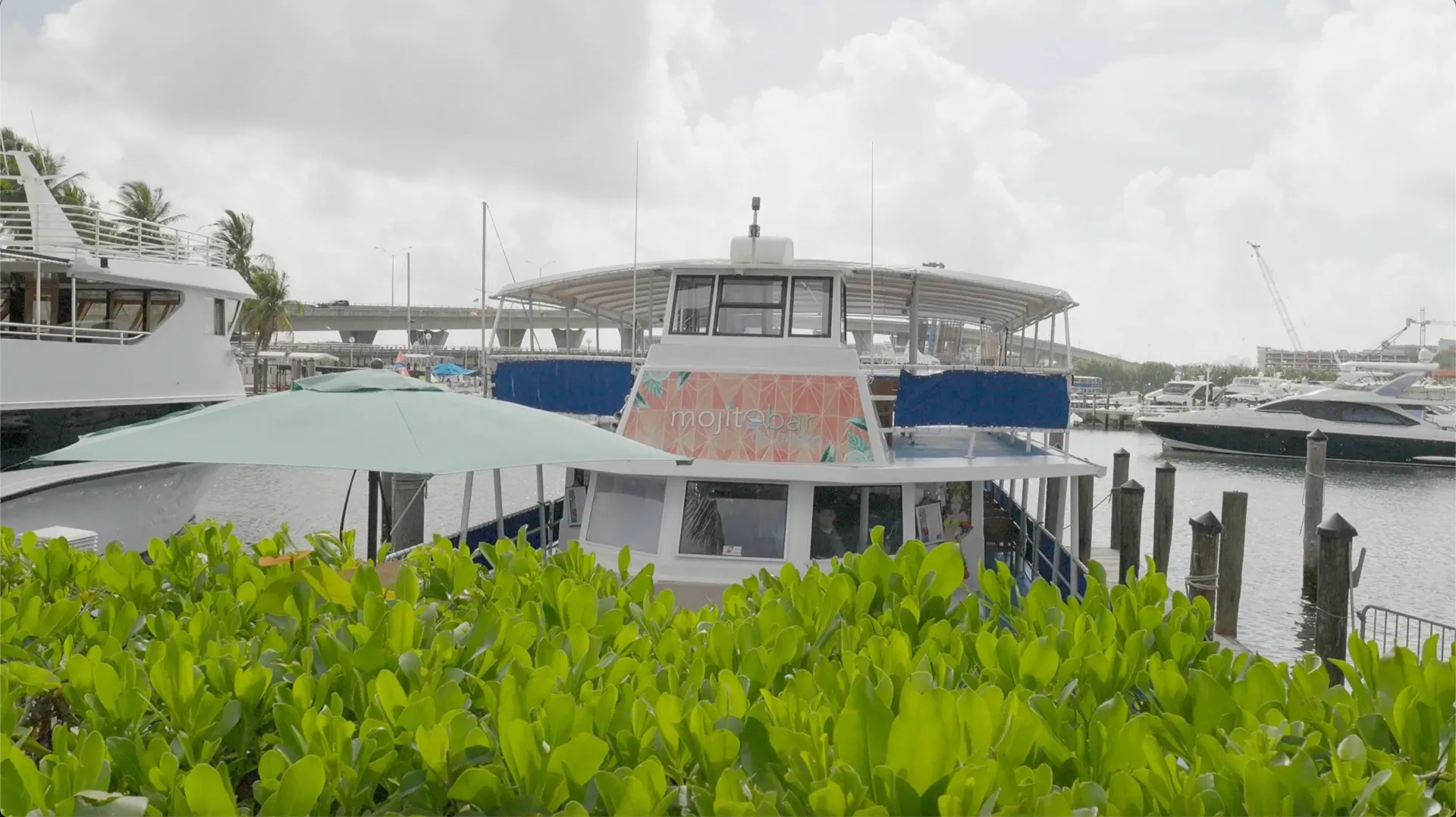 Miami Skyline Cruises boat docked at Bayside Marketplace in Miami.