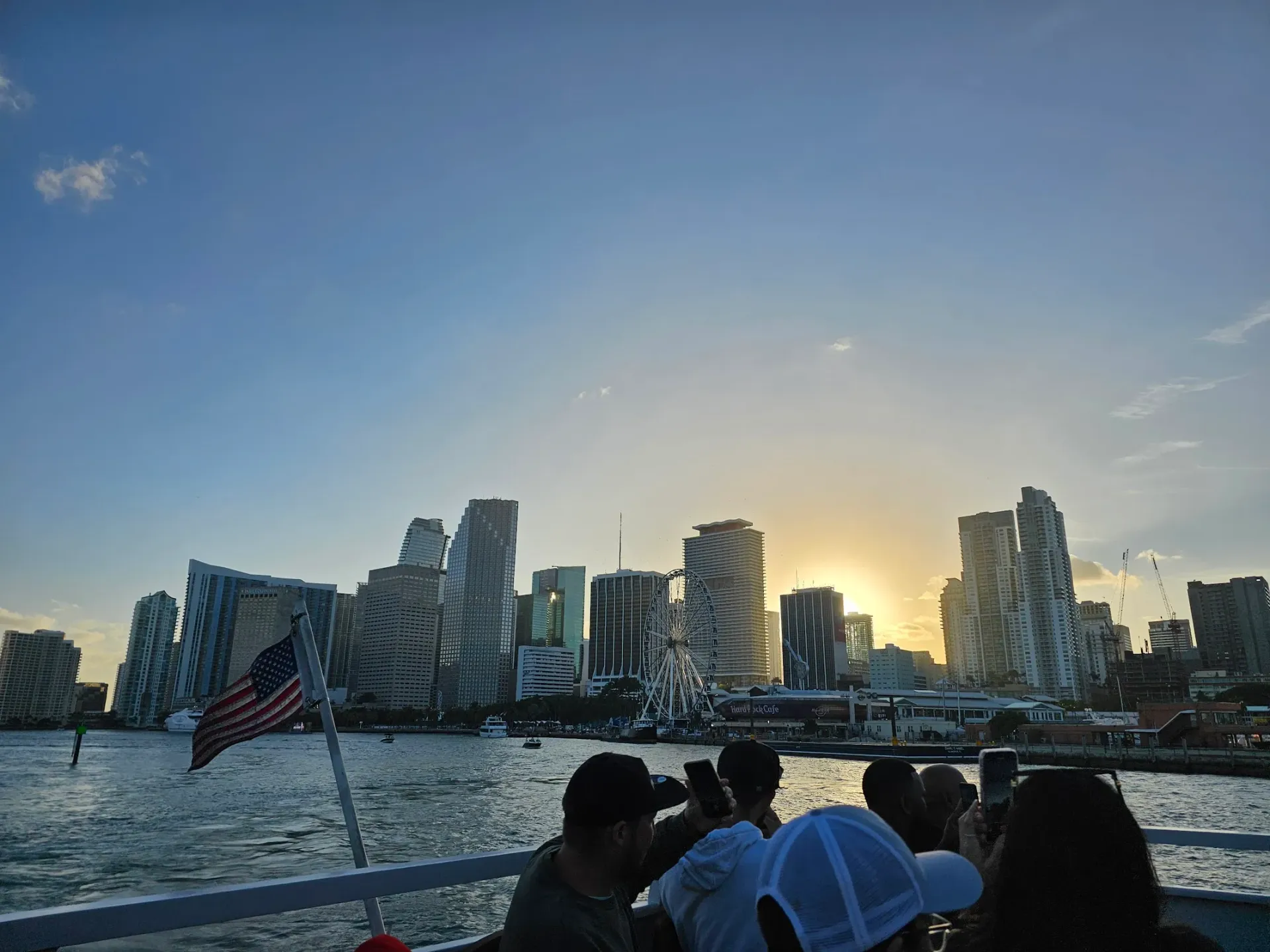 Miami skyline at sunset viewed from Biscayne Bay