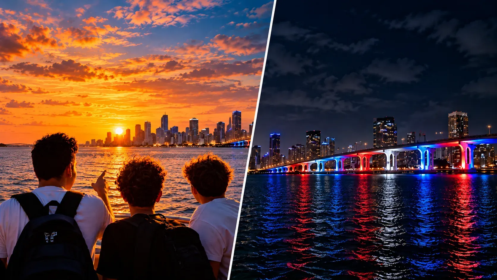 Side-by-side view of a Miami Sunset Cruise and Miami Night Cruise, showing a glowing sunset skyline and colorful city lights over the water.
