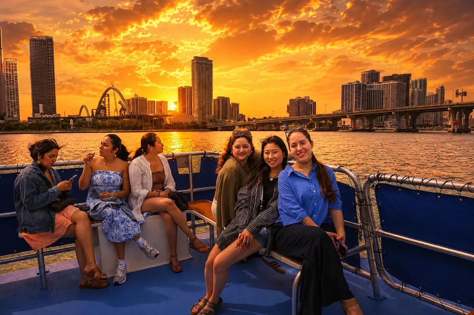 Friends enjoying a Miami Sunset Cruise with skyline views across Biscayne Bay during golden hour