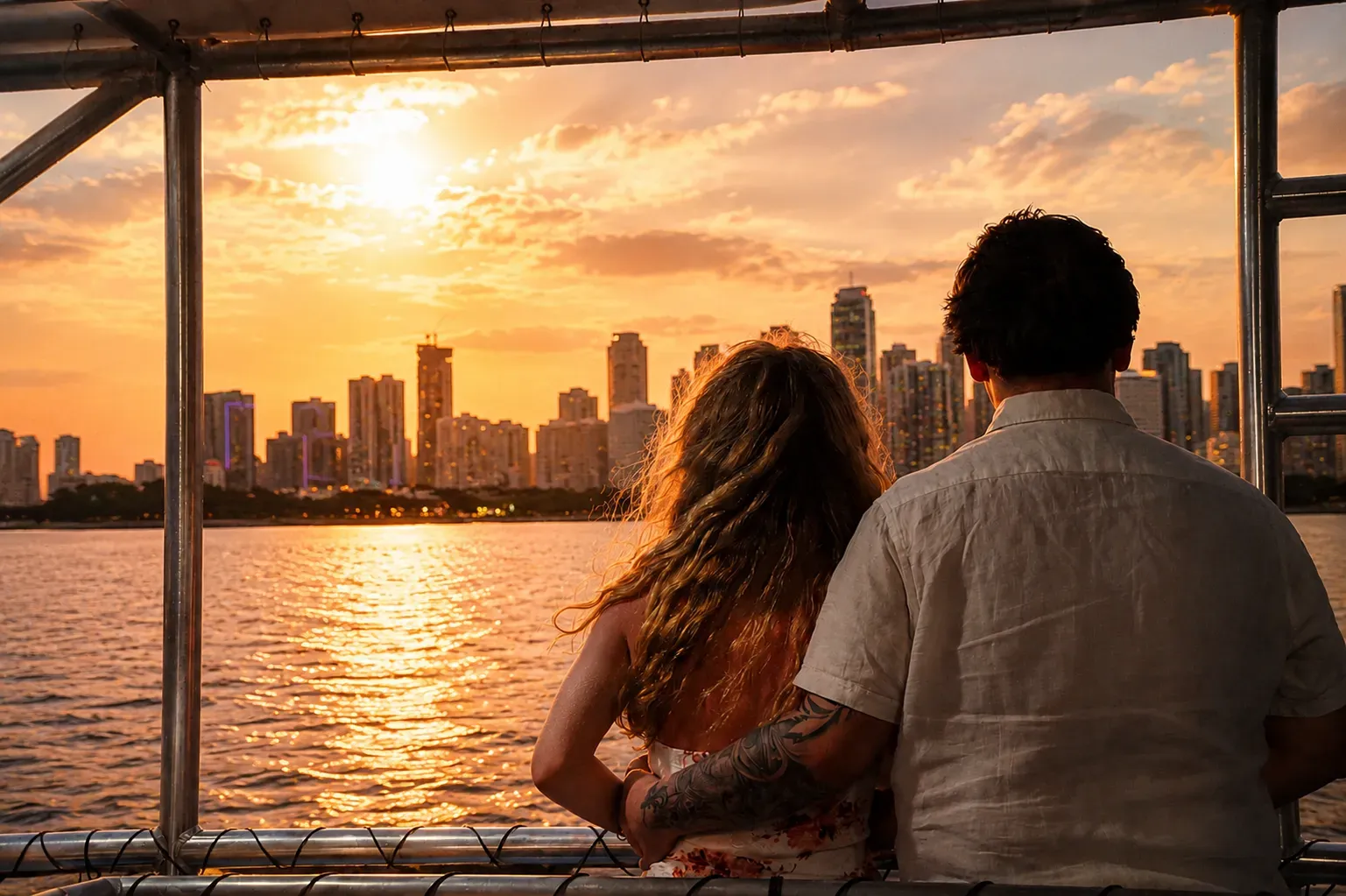 Couples enjoying a romantic Miami Sunset Cruise with golden hour skyline views across Biscayne Bay