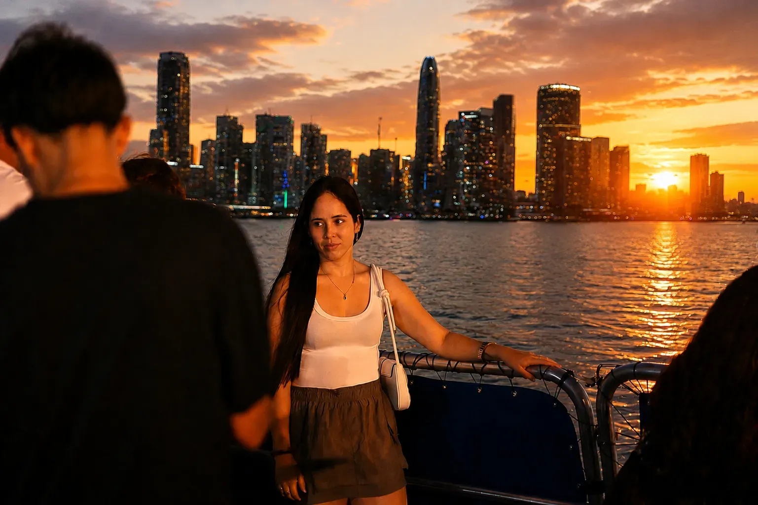 Passengers enjoying the Miami skyline during a sunset sightseeing cruise