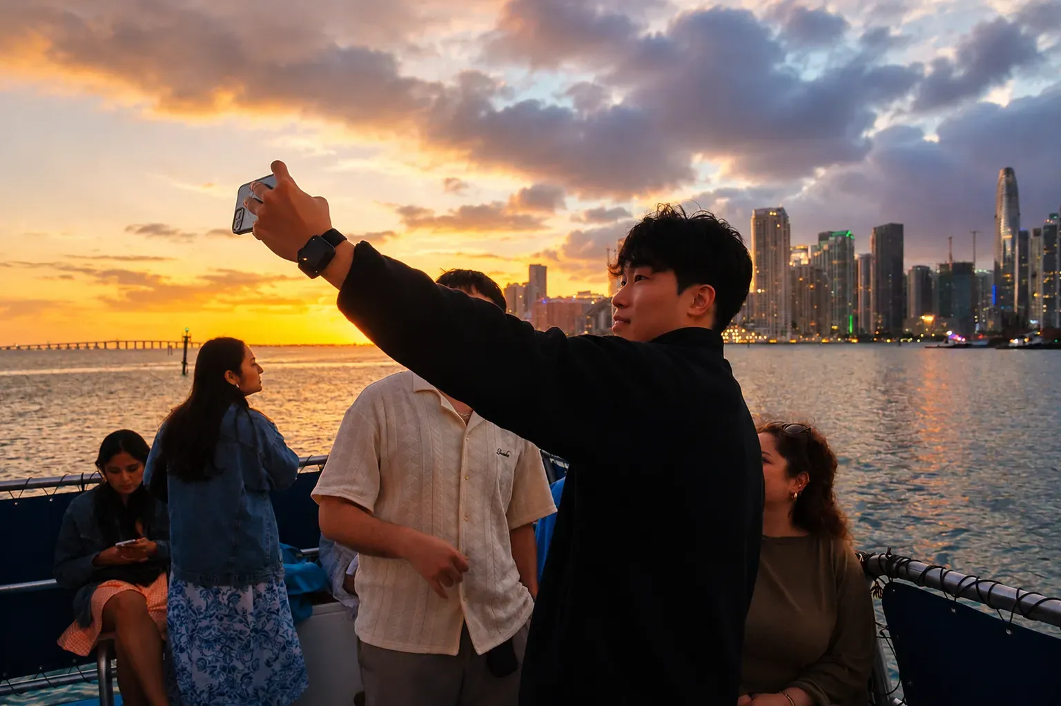 Guests taking selfies during a Miami Sunset Cruise with Downtown Miami skyline views at golden hour