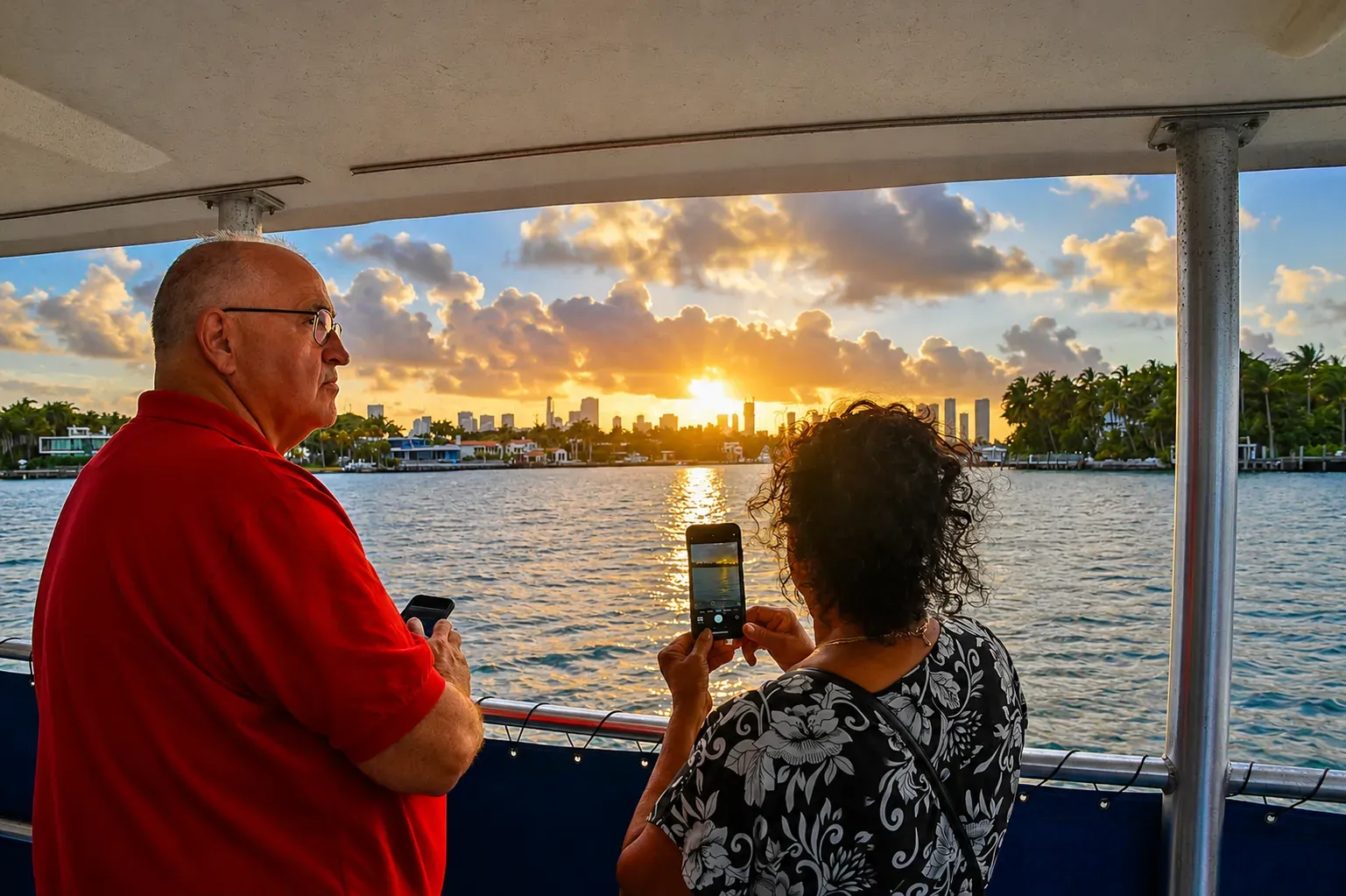 Visitors enjoying a Miami Sunset Cruise near Star Island with views of Biscayne Bay, waterfront mansions, and the Miami skyline at sunset