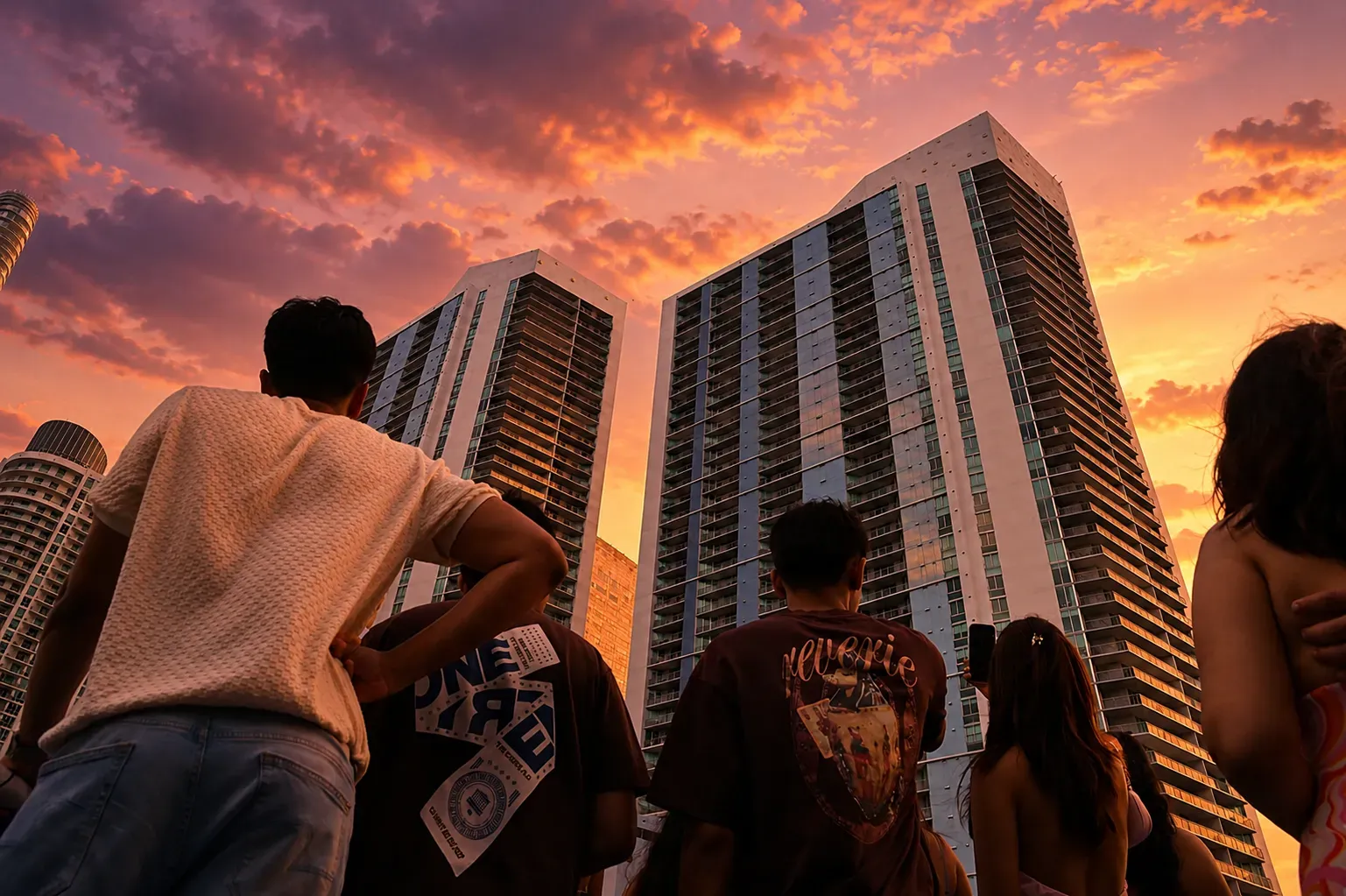 Visitors enjoying a Miami Sunset Cruise with skyline views and colorful golden hour skies over Downtown Miami