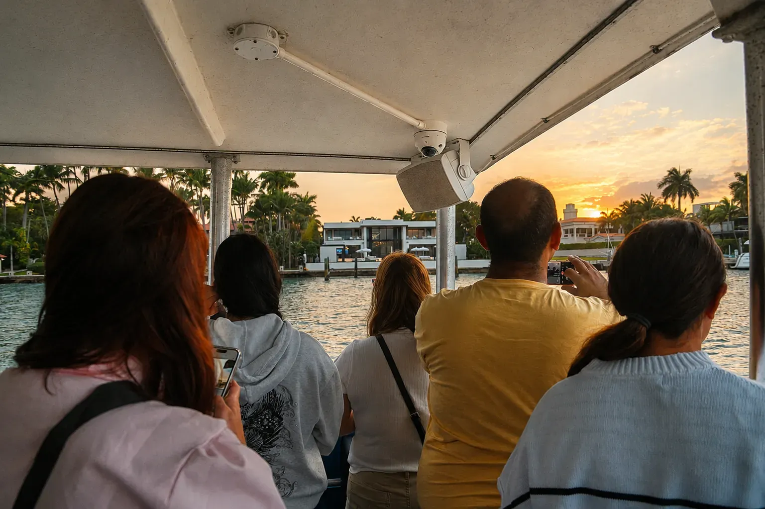 Guests enjoying a Miami Sunset Sightseeing Boat Cruise on Biscayne Bay while viewing waterfront mansions and tropical skyline scenery at sunset.