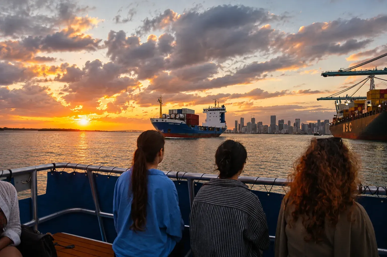 Guests enjoying a Miami Sunset Sightseeing Boat Cruise with PortMiami cargo ships and Downtown Miami skyline views
