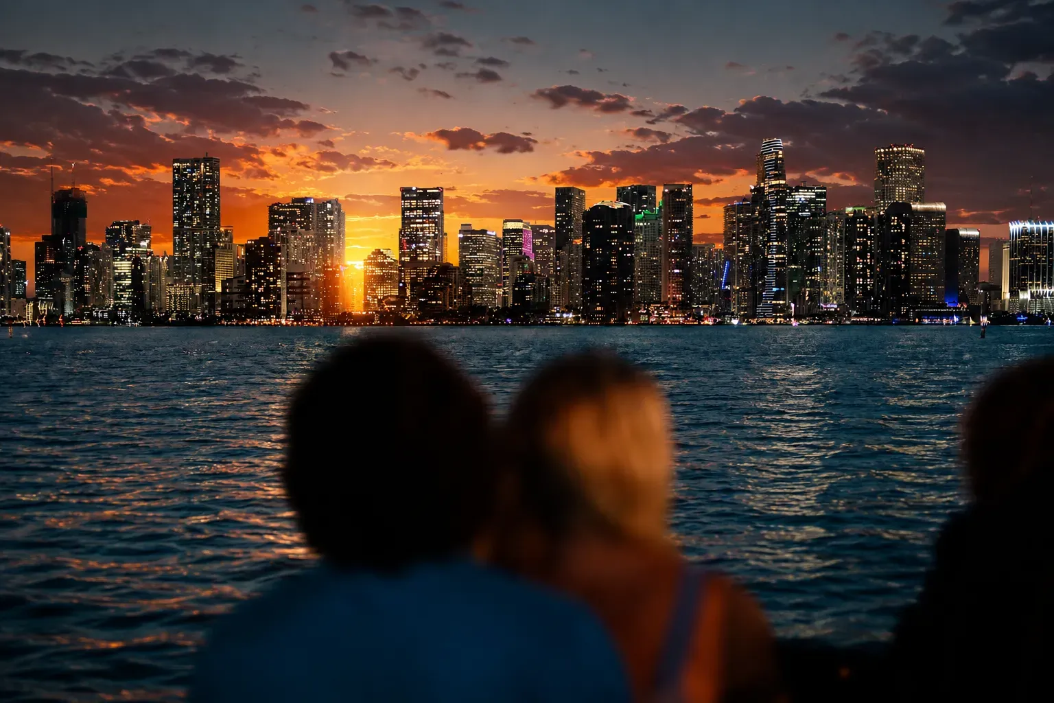 Miami sunset skyline during a sightseeing cruise with turquoise blue water and glowing Downtown Miami city lights